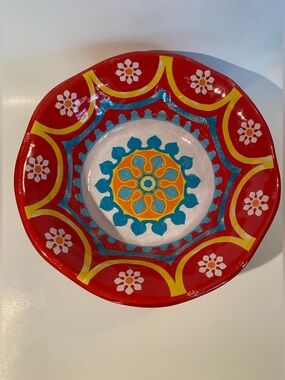 Vibrant Bohemian Red Melamine Bowl - 11 Inch Floral Mandala Summer Serveware